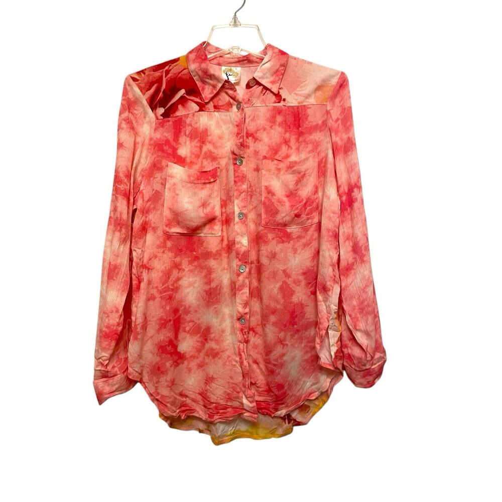 Fig And Flowers‎ Long Sleeve Collared Shirt Women Size Small Tie Dye Pink Floral